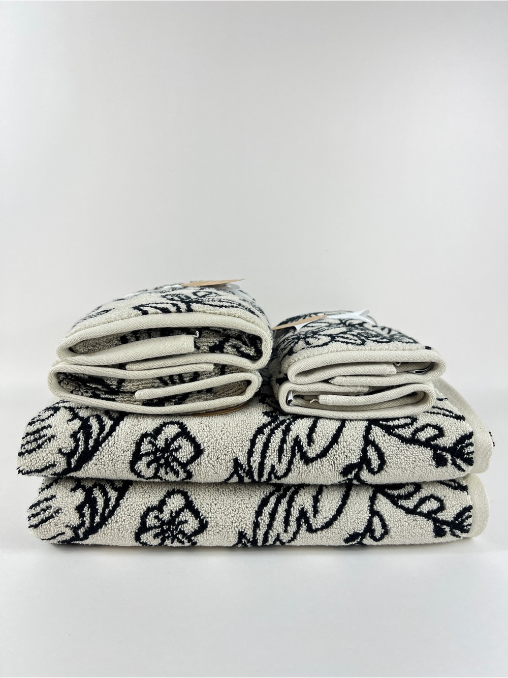 Common Thread Bath Towel Set Luxury Cream Black Floral Soft Cotton 6 Pc NEW